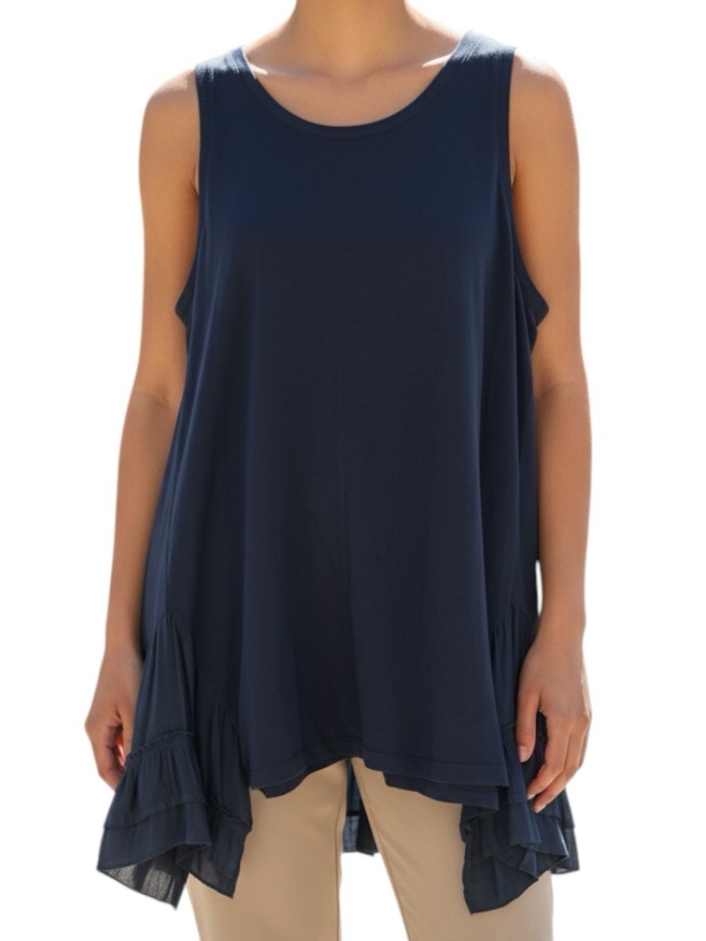 LOGO by Lori Goldstein Slate Blue Sleeveless Peak Chiffon Hem Tunic Top